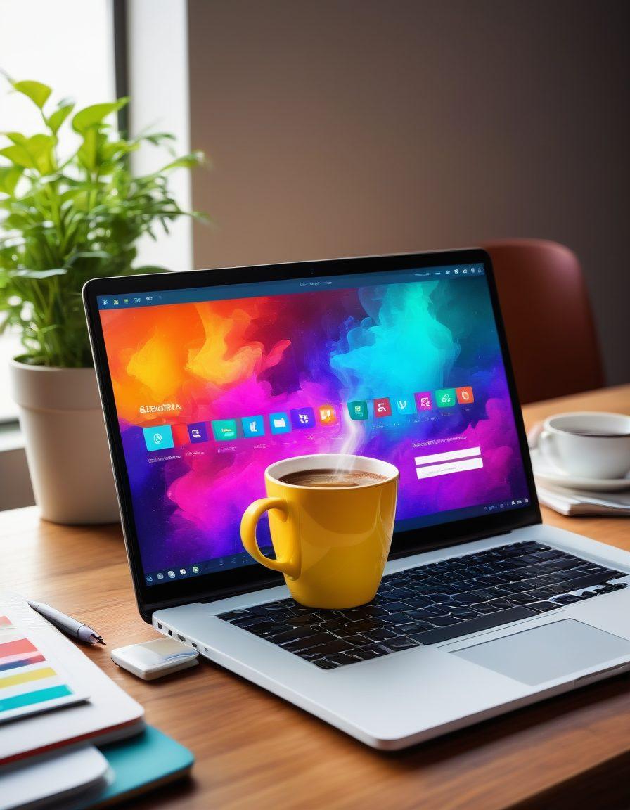 A modern digital workspace with a laptop displaying a graph showing increasing web traffic, surrounded by SEO-related tools like keywords, analytics charts, and social media icons. The scene is bright and colorful, conveying a sense of growth and positivity. An inviting cup of coffee sits beside the laptop, symbolizing productivity. super-realistic. vibrant colors. creative layout.