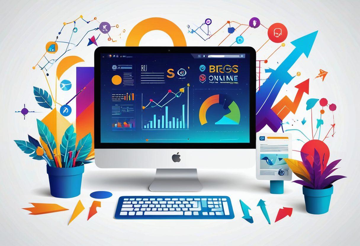 A vibrant digital landscape featuring a computer screen displaying an engaging blog interface, surrounded by upward-trending graphs and arrows symbolizing growth in online visibility. Include elements like social media icons and SEO tools scattered around the scene, hinting at content submission and optimization. The color palette should be bright and energetic, encouraging a sense of innovation and success. vector art. vibrant colors. white background.