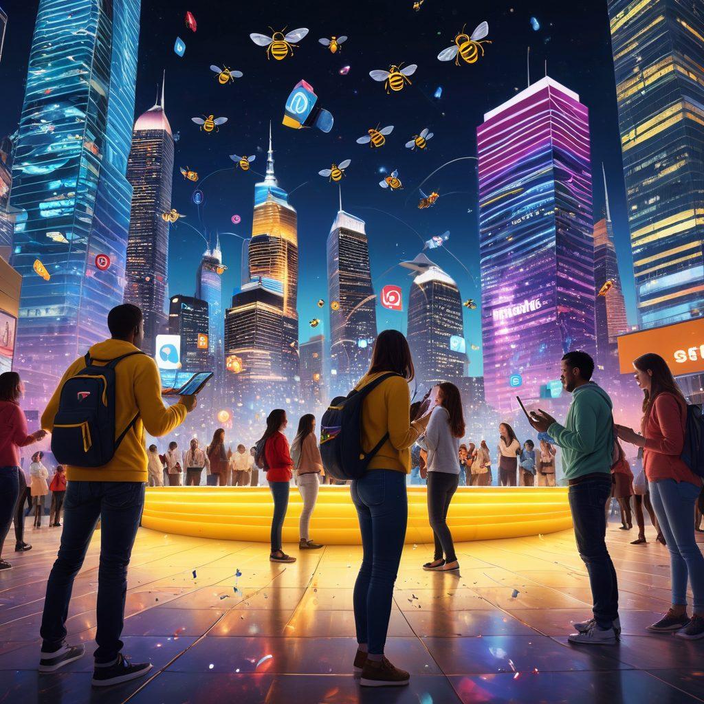 A dynamic scene depicting a diverse group of people engaging with digital devices, sharing content in vibrant colors. Include visual representations of social media icons and network connections surrounding them, symbolizing content sharing and promotion. Add elements like a buzzing bee to symbolize 'buzz' and interest, with a bright and energetic city skyline in the background. super-realistic. vibrant colors. 3D.